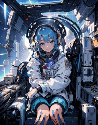  Masterpiece, Top Quality, High Definition, Artistic Composition, 1 girl, smiling, tight white space suit, outer space, sitting in narrow cockpit of spacecraft, front view, crammed with machinery, futuristic, organic headset, science fiction, blue hair, blue eyes, communicating, looking up