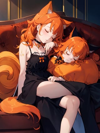 masterpiece, top quality, 1 girl, orange hair, frizzy hair, big eyes, cat ears and tail, black and orange dress, sleeping curled up, sleeping on couch, high definition, choker