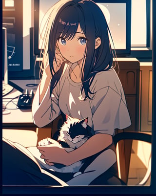  Masterpiece, Top Quality, High Definition, Artistic Composition, 1 Woman, playing video game with gamepad in hand, sitting on chair, holding cat, from above, dark room, monitor light illuminates woman, excited, focus on face, staring at monitor,<lora:659111690174031528:1.0>