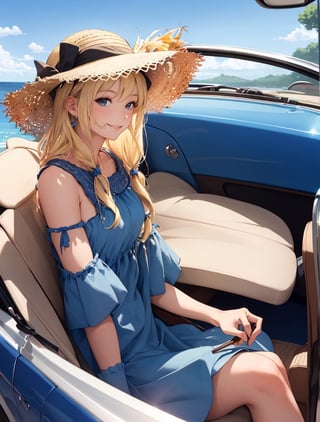 Masterpiece, top quality,khange, 1 girl, smiling, blonde hair, blue dress, straw hat, convertible top car, sitting in passenger seat, hand holding hat, hair blowing in wind, high definition, wide shot, portrait
