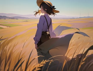 Masterpiece, Top Quality, High Definition, Artistic Composition, One Girl, Pale Purple Shirt, Straw Hat, Hand Holding Hat, Looking Back, Looking Away, Dark Hair, Greening Desert, Wilderness, Green Wheat Field, Wide Sky, Wind Blowing, Wide Shot, High Contrast,girl