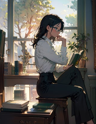Masterpiece, Top Quality, High Definition, Artistic Composition, One Woman, Black Rimmed Glasses, Dark Hair, Ennui, Sitting, Desk, Reading Hardcover Book, Intellectual, Calm, White Shirt, Black Pants, Library, Window Seat, Cold Light, Tree Green, From Side, Morning, Bust Shot,girl