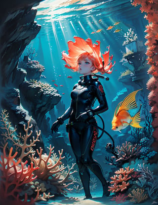 Masterpiece, top quality, high definition, artistic composition, 1 girl, scuba diving, diving, south sea, coral reef, colorful fish, bold composition, striking light, high contrast, underwater,girl