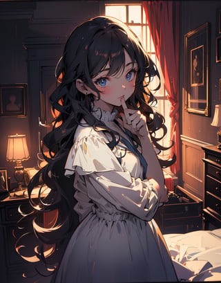 Masterpiece, Top Quality, High Definition, Artistic Composition, One Girl, Bust Shot, Squinting, Chuckling, (index finger in front of mouth), Dark Room, Bedroom, Low Color Temperature, Backlight, Impressive Light, Simple Dress, Long Wavy Hair, POW