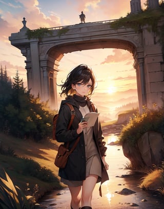 Masterpiece, top quality, high definition, artistic composition, animation, one woman, starting a journey, map in hand, majestic nature, beautiful sunrise, morning mist, brave, motivated, bold composition, traveling outfit