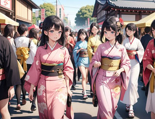Masterpiece, Top Quality, High Definition, Artistic Composition, Several Girls, Kimono, Japanese Clothing, Walking and Talking, Smiling, Girlish Gestures, Looking Away, People in Ethnic Clothing, Crowd, Festival, Western Style, Portrait, Fun, Bold Composition,girl