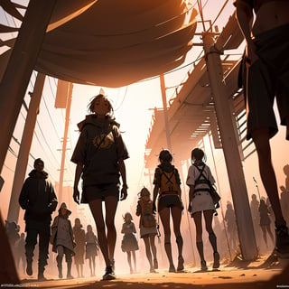 Masterpiece, Top Quality, High Definition, Artistic Composition, 1 girl, exotic clothing, desert inhabitants, wasteland, walking, Dutch angle, many people walking behind and following, dry earth, dust, sunlight directly above, high contrast, shimmer, bold composition, Africa