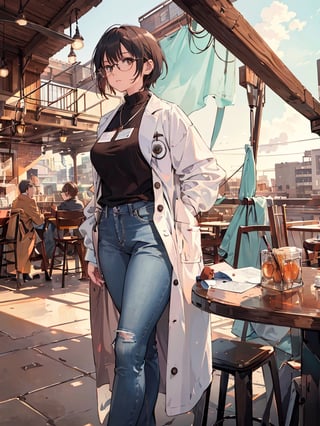 Masterpiece, top quality,khange, 1 woman, relaxing, doctor, lab coat, glasses, jeans, sitting at table, (staring at papers), coffee, bright atmosphere, hospital cafe terrace, high definition, wide shot, drama scene, graceful, from front, mature, dramatic light, cowboy shot