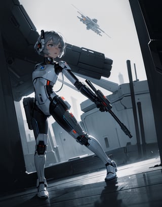 Masterpiece, top quality, high definition, artistic composition, 1 woman, Star Wars style, inside spaceship, futuristic passage, female soldier, gun in hand, action pose, bold composition, Dutch angle, dim, high contrast, perspective, dramatic, droid