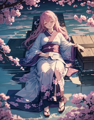  Masterpiece, best quality, high quality, artistic composition, one woman, anime, overhead shot, sleeping with eyes closed, resting, leaning back, mature, 18 years old, smile, casual fashion, Japan, high definition, cherry blossom frame, portrait, wide shot, full body,<lora:659111690174031528:1.0>
