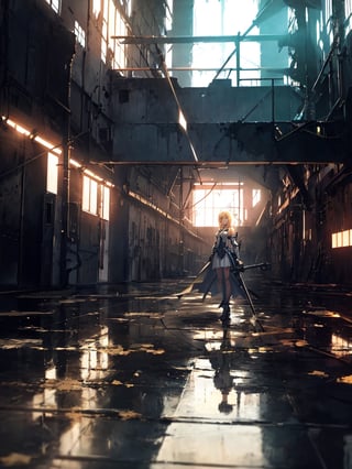 masterpiece, top quality, 1 girl, white battle dress, blonde hair, blue eyes, holding a weapon, inside a huge dilapidated factory , dark, orange lighting, nothing on the floor, water on the floor, high definition, photo-like background, science fiction