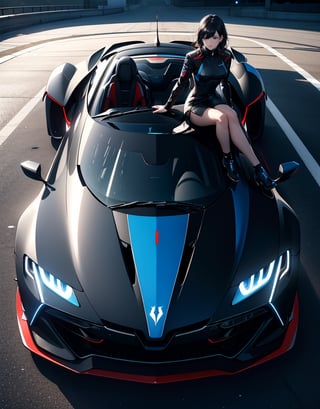 Masterpiece, Top Quality, High Definition, Artistic Composition, One Woman, Futuristic Dress, Stylish, Futuristic Sports Car, Concept Car, Sitting On Hood, Front Composition, Backlight, Impressive Light, Science Fiction, Electric Car, Dark Background, Motorsports