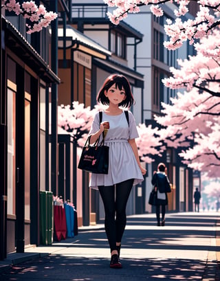  Masterpiece, top quality, high quality, artistic composition, one woman, housewife, carrying shopping bag, casual fashion, standing, front view, downtown shopping street, cherry blossom tree, cherry blossoms in bloom, petals dancing, nice weather, portrait,<lora:659111690174031528:1.0>