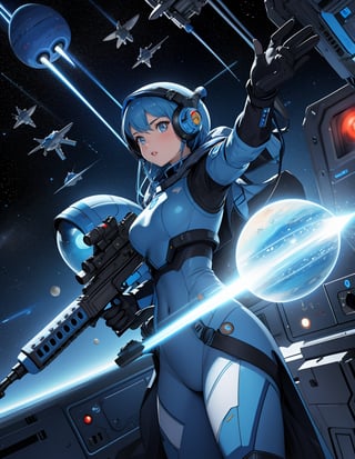 Masterpiece, Top Quality, High Definition, Artistic Composition, One girl, blue space suit, retro ray gun with both hands, aiming, shooting, action pose, space invaders, space base, outer space, bold composition, science fiction