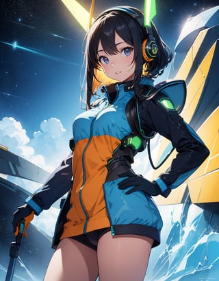 Masterpiece, Top Quality, High Definition, Artistic Composition, 1 girl, standing, one hand on hip, model pose, smiling, blue science fiction movie pilot suit, blue base color, yellow-green assorted colors, orange accent color, all gray background, Japanese anime style, headset with blade antennae, android-like armored parts,
