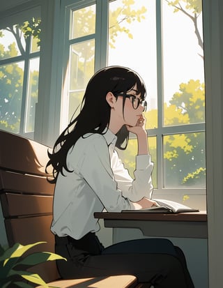 Masterpiece, Top Quality, High Definition, Artistic Composition, One Woman, Black Rimmed Glasses, Dark Hair, Ennui, Sitting, Desk, Reading Hardcover Book, Intellectual, Calm, White Shirt, Black Pants, Library, Window Seat, Cold Light, Tree Green, From Side, Morning, Bust Shot