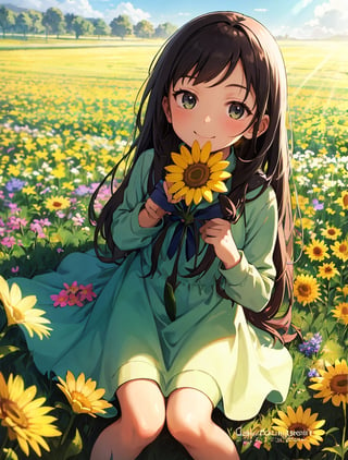 Masterpiece, Top Quality, 1 girl, smiling with mouth open, sitting on knees, sitting on ground, looking up at sky, hands reaching up, green dress, flower field, colorful flowers, high definition, impressive light, composition from below, portrait, wide shot, backlight