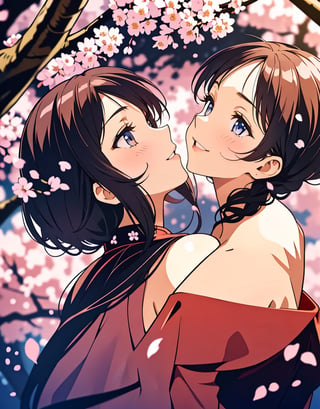  Masterpiece, top quality, high quality, artistic composition, two women, looking up, smiling, dazzling, from above, cherry blossom frame, petals dancing, striking, dramatic, hand held up, focus on face, bold composition,<lora:659111690174031528:1.0>