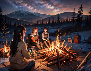 Masterpiece, top quality, high definition, artistic composition, realistic, (one bonfire, small bonfire), girls around bonfire, fun, starry sky, magnificent nature, camping