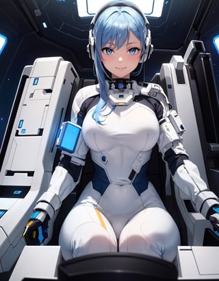  Masterpiece, Top Quality, High Definition, Artistic Composition, 1 girl, smiling, tight white space suit, outer space, sitting in narrow cockpit of spaceship, front view, crammed with machinery, futuristic, organic headset, science fiction, blue hair, blue eyes, communicating, looking away, one hand touching hair, from below, beautiful body line, perspective