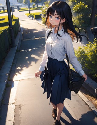 Masterpiece, Top quality, High definition, Artistic composition, 1 girl, close-up of face, from above, smiling, opening thin eyes, khaki cotton shirt, long navy blue skirt, park, portrait, dark hair, walking, looking away, from side