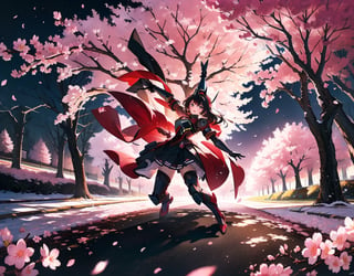 Masterpiece, top quality, machine, outdoors, forest of cherry trees underfoot, cherry blossoms in full bloom, dark colored mobile suit, dynamic pose, 18 meters, explosion in background, artistic oil painting sticks, battle, petals dancing,girl