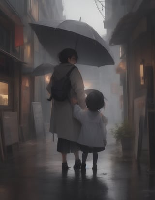 Souvenir masterpiece, top quality, high definition, artistic composition, mother of one, standing with umbrella, picking up child, smiling, looking toward, back view of one child in foreground, raining, wide shot, portrait,girl