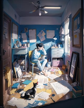 Masterpiece, Top Quality, High Definition, Artistic Composition,1 girl, sitting in a chair studying, study desk, notebook, holding a pencil, distressed, frowning, hair tied back, top, plain colored loungewear, messy room, small room, (cat sleeping on floor), dark room, bold composition, looking away 