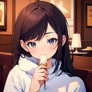 Masterpiece, top quality, high definition, artistic composition, one girl, eating ice cream with a spoon, looking away, retro coffee shop, dark interior, bold composition, portrait, close-up of ice cream