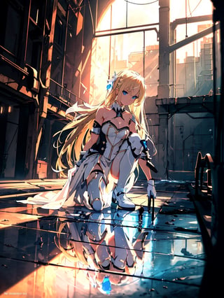 Description: masterpiece, top quality, 1 girl, white battle dress, blonde hair, blue eyes, holding weapon, inside huge dilapidated factory , dark, orange lighting, on one knee, composition from below, nothing on floor, pool of water on floor, high definition, photo-like background, science fiction, striking light,masterpiece