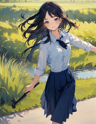 Masterpiece, Top Quality, High Definition, Artistic Composition, 1 girl, close-up of face, from above, smiling, thin eyes open, khaki cotton shirt, long navy blue skirt, park, portrait, dark hair, walking