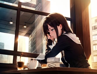 Masterpiece, Top Quality, High Definition, Artistic Composition, 1 girl, crying, reading, coffee shop, window seat, coffee cup, handkerchief, light shining through, late afternoon, side view