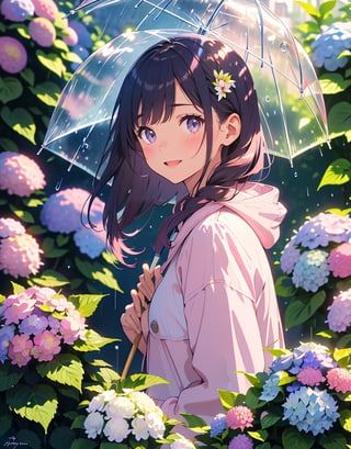 Masterpiece, Top Quality, High Definition, Artistic Composition, One girl, light pink raincoat, bent forward, focus on face, blue and pink hydrangea, smiling, raining, light blue umbrella, dim, enjoying, park, snail, from front, dark hair, dark eyes, from bottom, close-up of hydrangea flower in foreground
