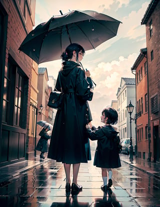 Souvenir masterpiece, top quality, high definition, artistic composition, mother of one, standing with umbrella, picking up child, smiling, looking toward, back view of one child in foreground, raining, wide shot, portrait