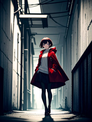 Masterpiece, Top Quality, 1 girl, short hair, red coat, red cape, black shirt, white skirt, beige bag, black pantyhose, hands in pockets, blue eyes, dirty Japanese back alley, dark sky, dark street lamp, wet ground, scary atmosphere, high definition, composition from below, drizzle, red flowers in bloom, wide angle, focus on feet, unstable, messy picture, backlight, shadow behind,masterpiece,<lora:659111690174031528:1.0>