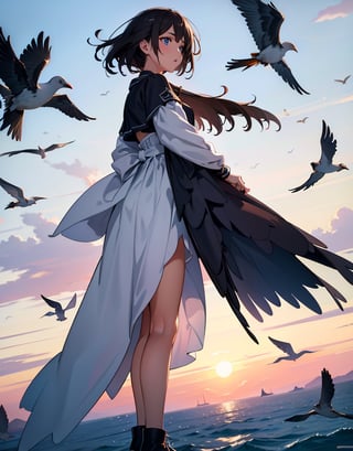 Masterpiece, top quality, high definition, artistic composition, 1 woman, looking up, from side, migrating birds flying, flock of birds, Dutch angle, bold composition, wide shot,photograph
