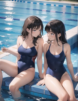 Masterpiece, Top quality, High definition, Artistic composition, 2 girls, smiling, angry, talking, girlish gesture, sitting by the pool, looking away, navy blue swimsuit, looking happy, bold composition