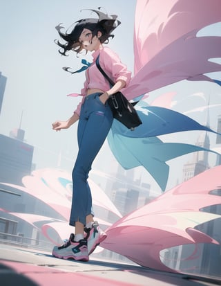 (masterpiece, top quality), high definition, artistic composition, 1 woman, white shirt, pink cardigan, blue pants, blue-green second bag, black sneakers, urban, walking, Dutch angle, stylish, smiling, full body, black hair, lively, hands extended, side view