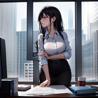 Masterpiece, top quality, high definition, artistic composition, 1 woman, May Day, Labor Day, office, raining outside window, looking away, staring out window, bold composition, tired, dramatic, office worker