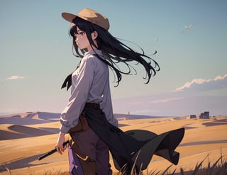 Masterpiece, Top quality, High definition, Artistic composition, One girl, Pale purple shirt, Viridian pants, Beige cap, Looking back, Looking away, Black hair, Desert greening, Wilderness, Green wheat field, Wide sky, Wind blowing, Wide shot, High contrast