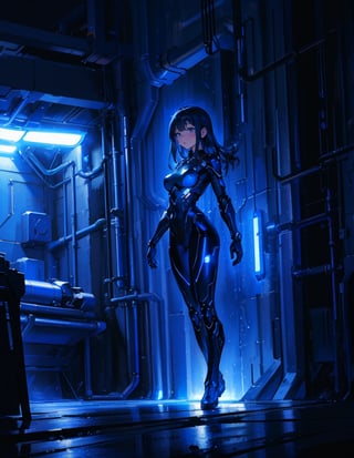 Masterpiece, Top Quality, High Definition, Artistic Composition, 1 Girl, Black Combat Bodysuit, Android Style Armor, Shining Blue, Steel, Near Future, Science Fiction, Frontal Composition, Nioi, Darkness, Blending Into Darkness, Perspective, Wide Shot, Dark Warehouse