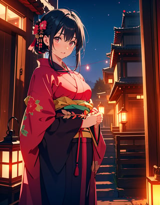 Masterpiece, Top Quality, High Definition, Artistic Composition, One girl, gentle smile, black hair, big pink ribbon, red and blue-green kimono-like battle dress, android-like armor, inside wooden building, dark, lantern light