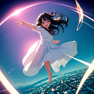 Masterpiece, Top Quality, 1 girl, flying, smiling with mouth open, magic circle, white dress, hand out, barefoot, beautiful nature, retro cityscape, fisheye lens, high definition, artistic composition, composition from above, lying back down, action pose, big red ribbon, blurred distant view, motion blur, dancing white light, full body, focus on feet,<lora:659111690174031528:1.0>