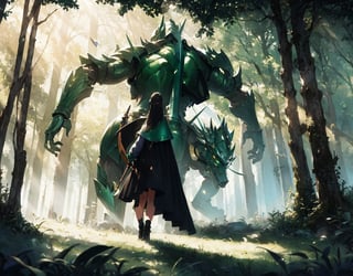 Masterpiece, top quality, high definition, artistic composition, 1 girl, fantasy, back view, female swordsman, holding sword, action pose, fighting giant humanoid monster, in forest, light shining through, wide shot
