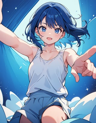 Masterpiece, Top Quality, High Definition, Artistic Composition, 1 girl, smiling with mouth open, pointing towards, close-up of fingertips, light blue tank top, bold composition, reaching out, dark blue hair