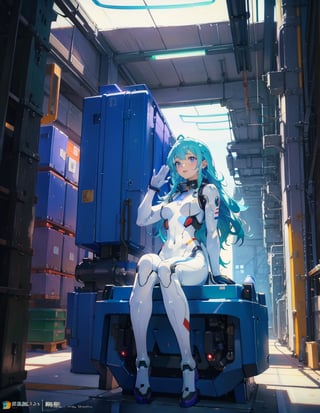 Masterpiece, Top Quality, High Definition, Artistic Composition, One Girl, White Pilot Suit, Body Suit, Android Style, Glowing Purple, Science Fiction, Sitting, Smiling, Greeting, Looking Away, Waving, Sweating, Blue-Green Hair, Inside Factory, Warehouse, People Working, Wide Shot, Japanese Anime Style people working, part of giant mecha in background, wide shot, Japanese anime style