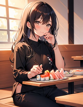 Masterpiece, Top quality, High definition, Artistic composition, One girl, eating sushi, smiling, blushing cheeks, girlish gesture, monotone printed shirt, black pants, sitting, French sushi restaurant, casual
