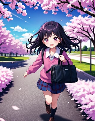  Masterpiece, top quality, high quality, artistic composition, 1 girl, elementary school student, school bag, schoolbag, energetic, handbag, lively, smiling with mouth open, running at full speed, cherry blossom tree, cherry blossoms in full bloom, petals dancing, looking away, nice weather, warm light, portrait, bold composition, 8 years old, composition from above, looking away, child,<lora:659111690174031528:1.0>