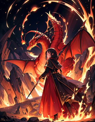 Masterpiece, top quality, high definition, artistic composition, 1 woman, wizard, standing, magic wand in hand, magic circle, huge fire dragon behind, summoning, fire sparks, backlit, fantasy, dramatic,