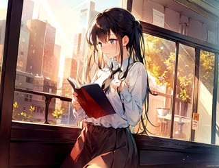 Masterpiece, Top Quality, High Definition, Artistic Composition, 1 girl, crying, reading, coffee shop, window seat, coffee cup, handkerchief, light shining through, late afternoon, side view